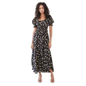 Sister Jane Dress Black Prairie Bloom Midi Puff Sleeve Cottage Ruffles Size M